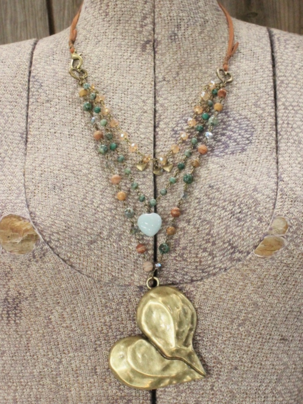 🎉 BOHO Layers of Love Jasper & Bronze Heart Necklace